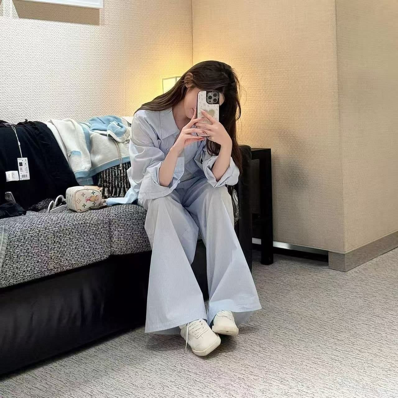 신선함 휴가 바람 고급 센스 세련된 캐주얼 스포츠 슈트 여성 여름 셔츠 와이드 레그 팬츠 도루 센스 투피스 세트 이미지 5