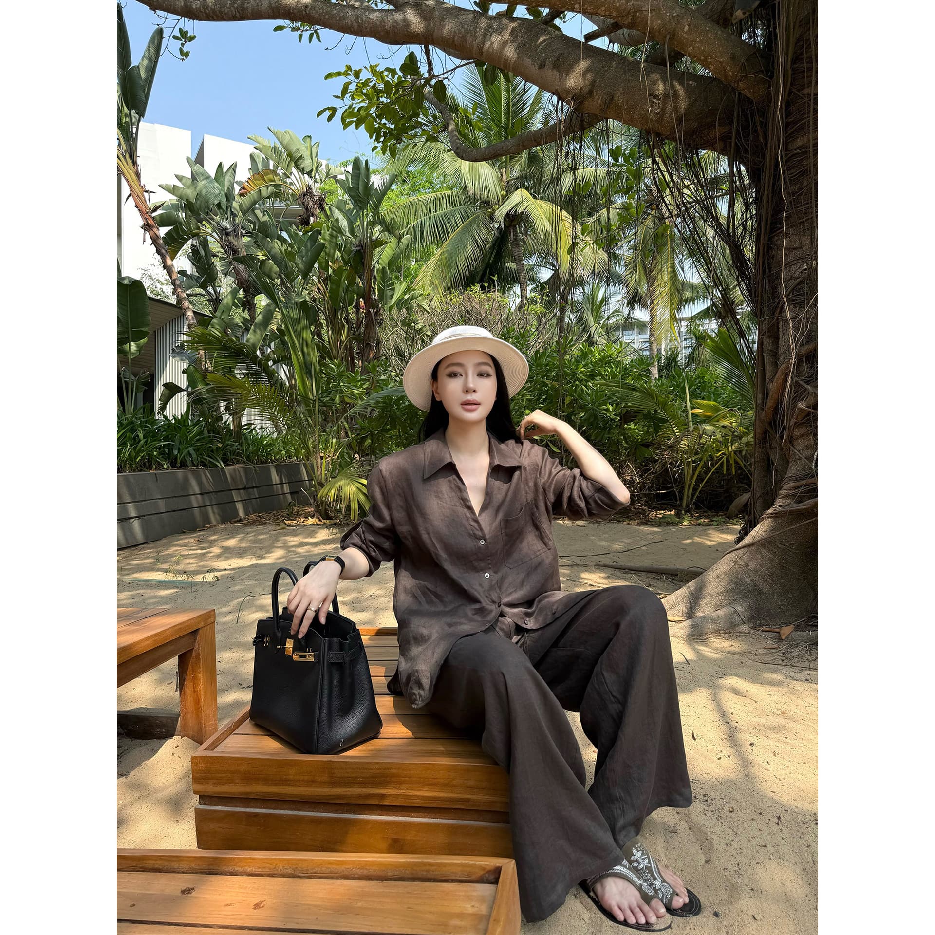 주 淼 zhoumiao 오래된 돈 영구하다 럭셔리 라이 경기 서울 넓은 다리 슬랙스 아마 셔츠 세트 여성 이미지 5