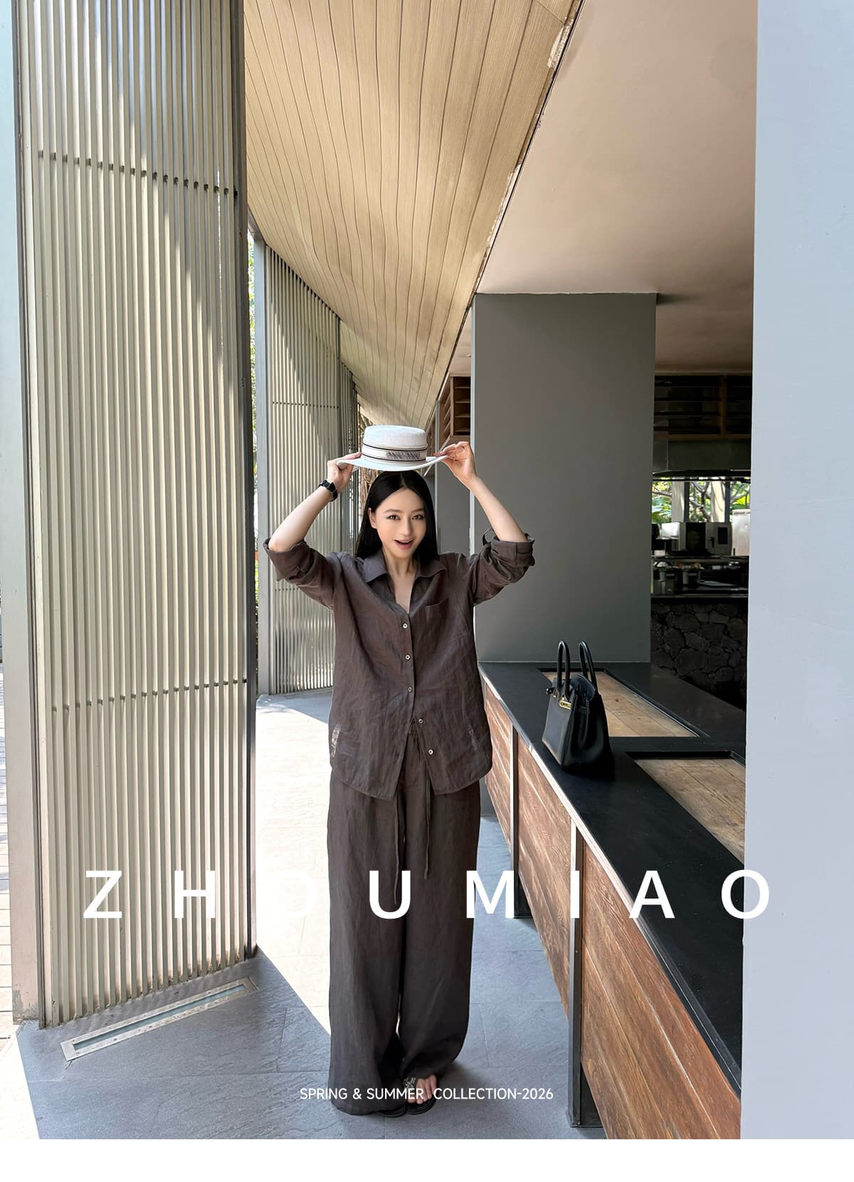 주 淼 zhoumiao 오래된 돈 영구하다 럭셔리 라이 경기 서울 넓은 다리 슬랙스 아마 셔츠 세트 여성 상세 이미지 1