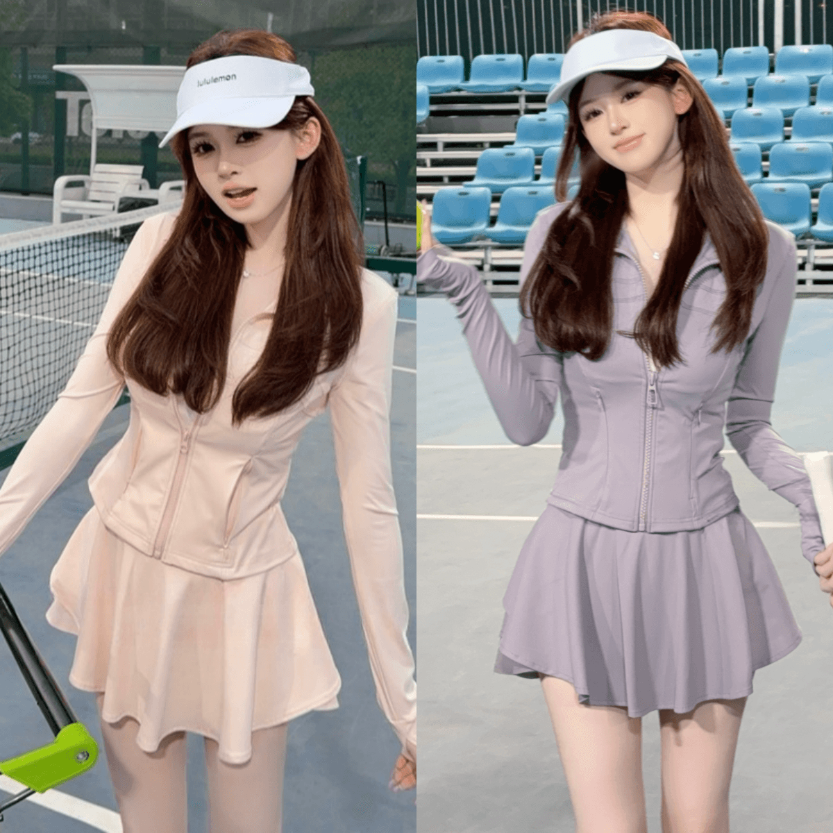 유럽 상품 패션 운동 캐주얼 자외선 차단 세트 여성 여름 요가 의류 깃털 테니스 지퍼 재킷 미니 스커트 투피스 세트 이미지 5