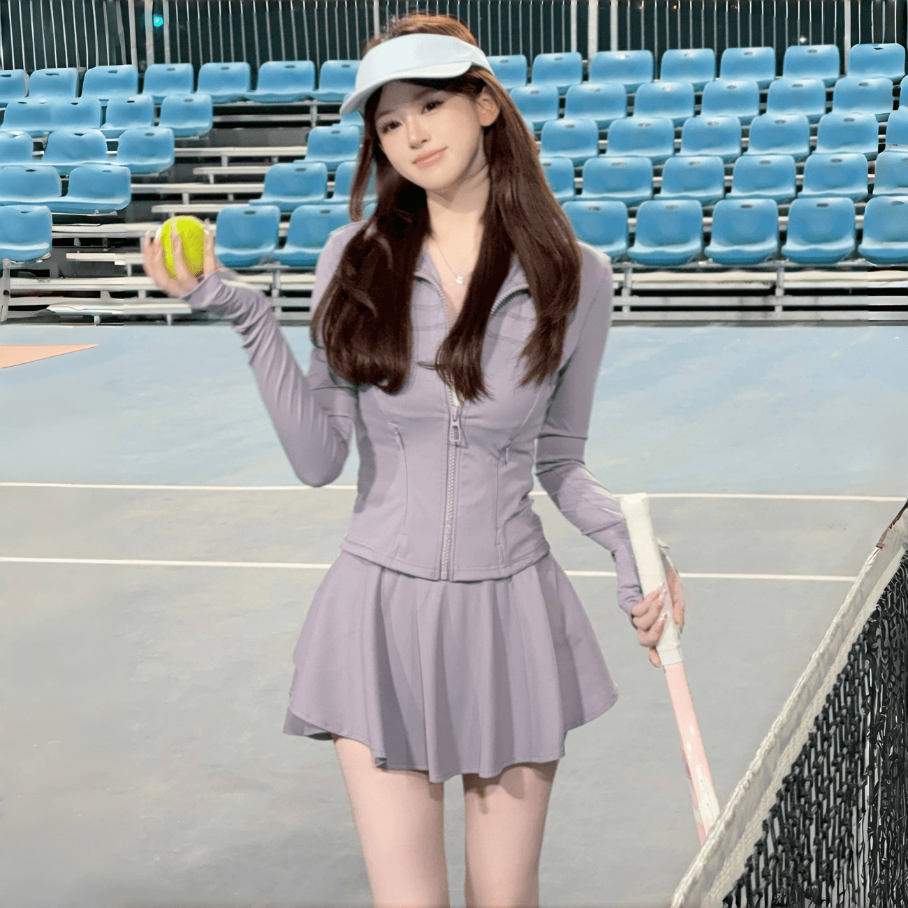 유럽 상품 패션 운동 캐주얼 자외선 차단 세트 여성 여름 요가 의류 깃털 테니스 지퍼 재킷 미니 스커트 투피스 세트 이미지 6