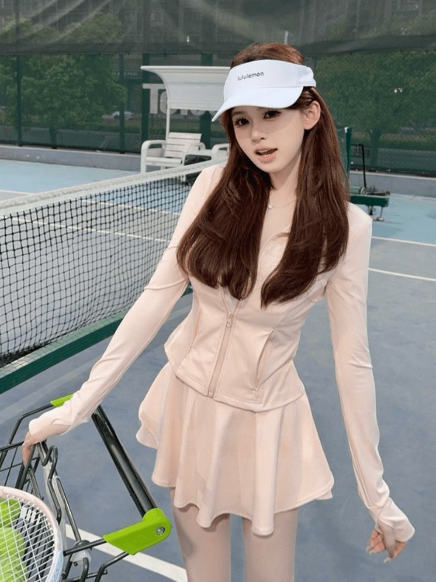 유럽 상품 패션 운동 캐주얼 자외선 차단 세트 여성 여름 요가 의류 깃털 테니스 지퍼 재킷 미니 스커트 투피스 세트 상세 이미지 1
