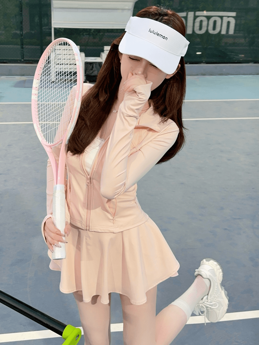 유럽 상품 패션 운동 캐주얼 자외선 차단 세트 여성 여름 요가 의류 깃털 테니스 지퍼 재킷 미니 스커트 투피스 세트 상세 이미지 2