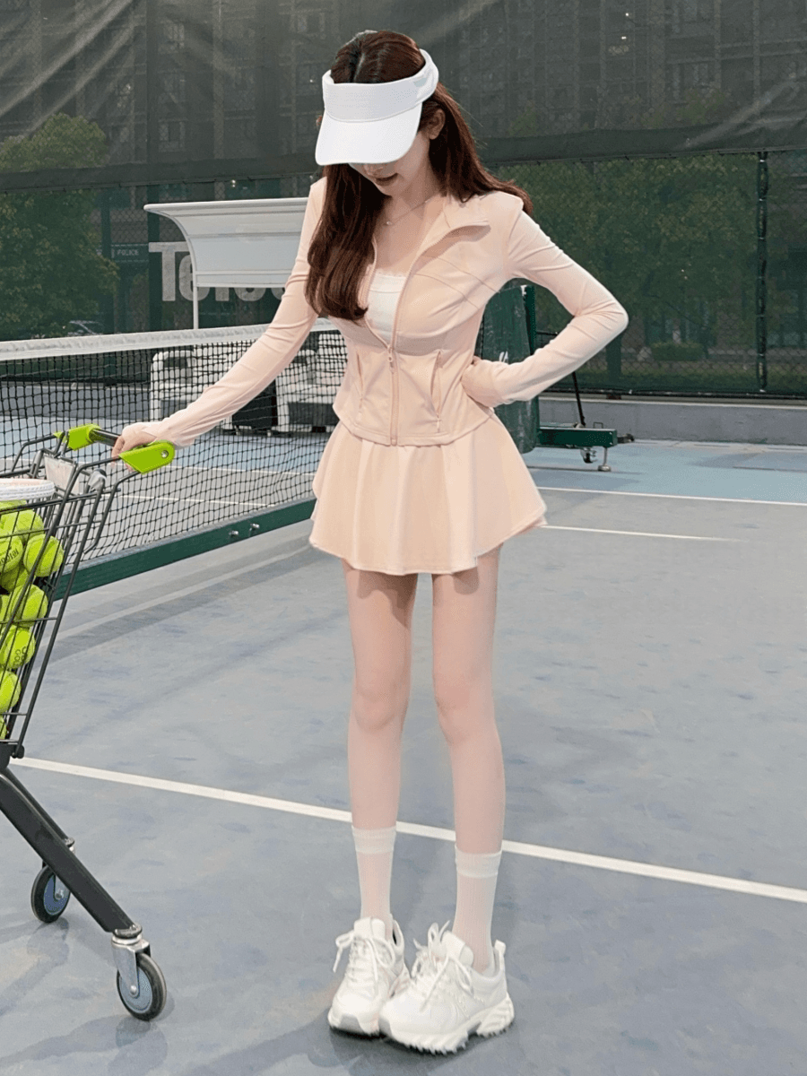 유럽 상품 패션 운동 캐주얼 자외선 차단 세트 여성 여름 요가 의류 깃털 테니스 지퍼 재킷 미니 스커트 투피스 세트 상세 이미지 4