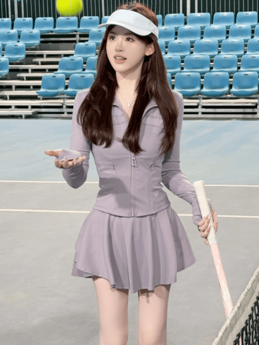 유럽 상품 패션 운동 캐주얼 자외선 차단 세트 여성 여름 요가 의류 깃털 테니스 지퍼 재킷 미니 스커트 투피스 세트 상세 이미지 6