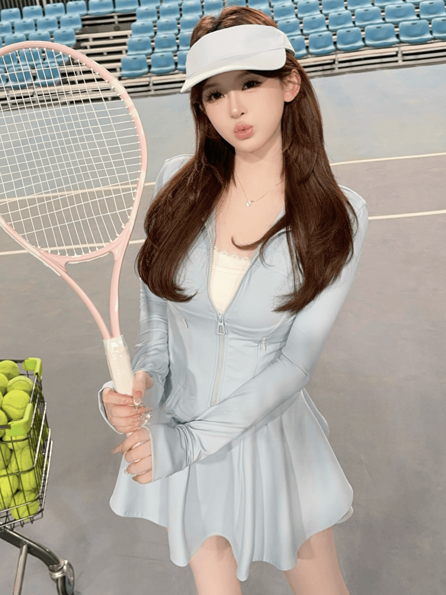 유럽 상품 패션 운동 캐주얼 자외선 차단 세트 여성 여름 요가 의류 깃털 테니스 지퍼 재킷 미니 스커트 투피스 세트 상세 이미지 8