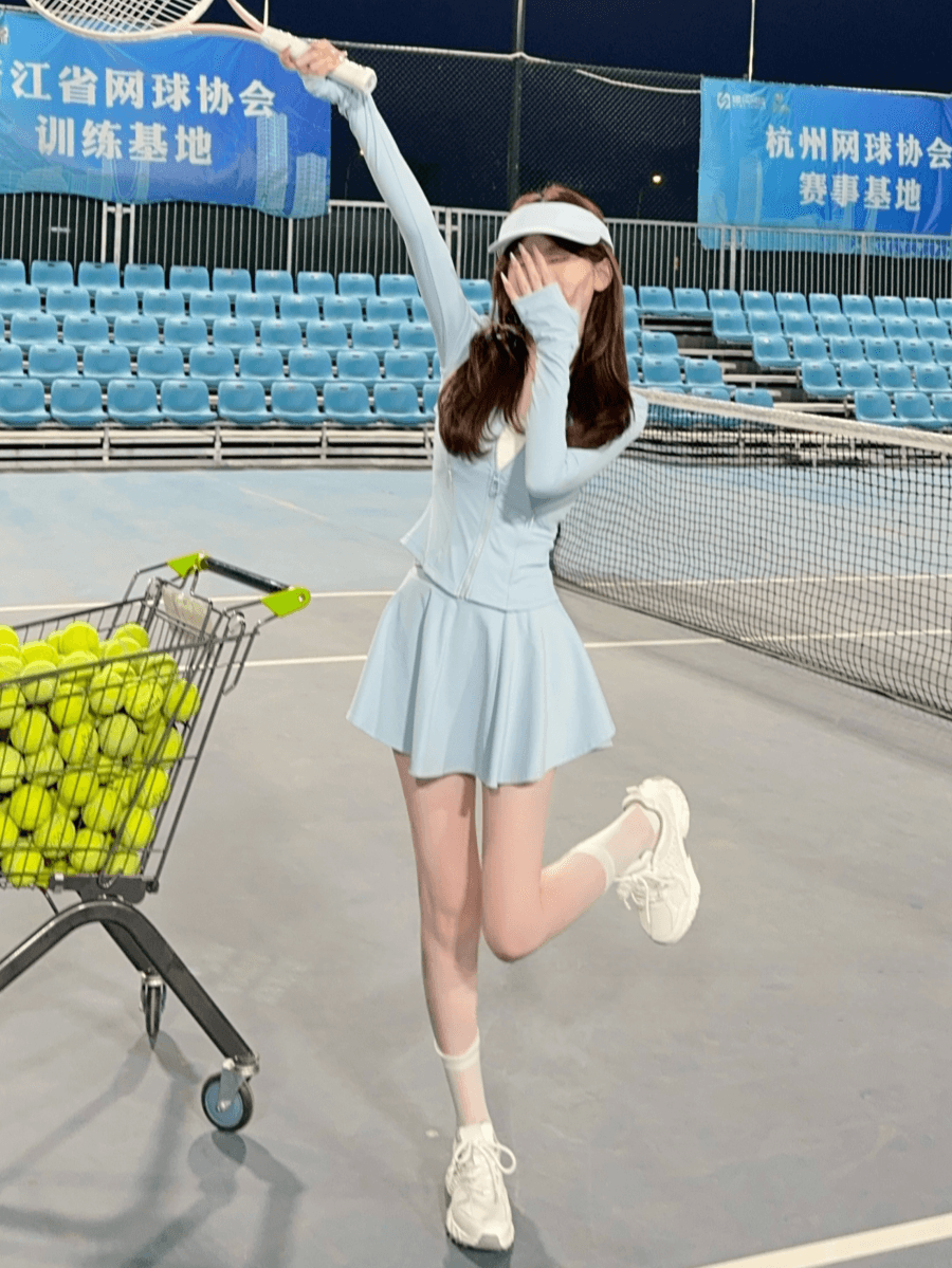 유럽 상품 패션 운동 캐주얼 자외선 차단 세트 여성 여름 요가 의류 깃털 테니스 지퍼 재킷 미니 스커트 투피스 세트 상세 이미지 10