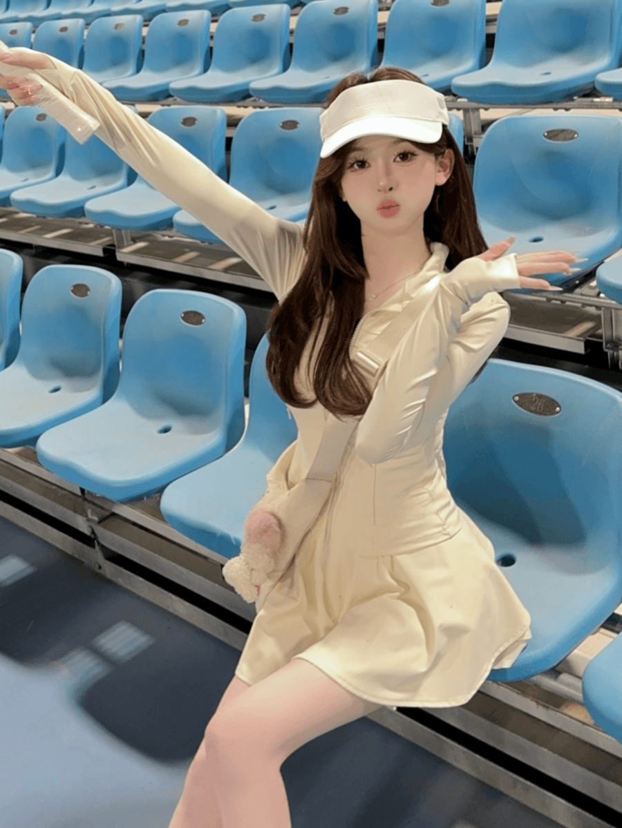 유럽 상품 패션 운동 캐주얼 자외선 차단 세트 여성 여름 요가 의류 깃털 테니스 지퍼 재킷 미니 스커트 투피스 세트 상세 이미지 11