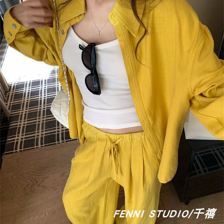 fenni studio 천년기 오리지널 주간 실크 아마 셔츠 세트 긴팔 자외선 차단 맨위 캐주얼 바지 긴 바지 이미지 3