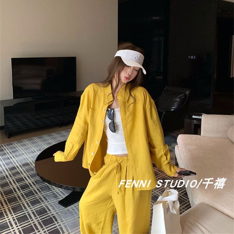 fenni studio 천년기 오리지널 주간 실크 아마 셔츠 세트 긴팔 자외선 차단 맨위 캐주얼 바지 긴 바지 이미지 2