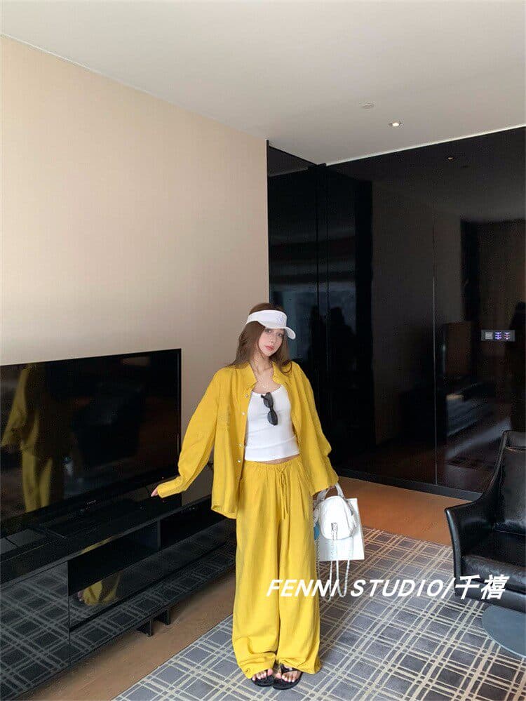 fenni studio 천년기 오리지널 주간 실크 아마 셔츠 세트 긴팔 자외선 차단 맨위 캐주얼 바지 긴 바지 상세 이미지 1