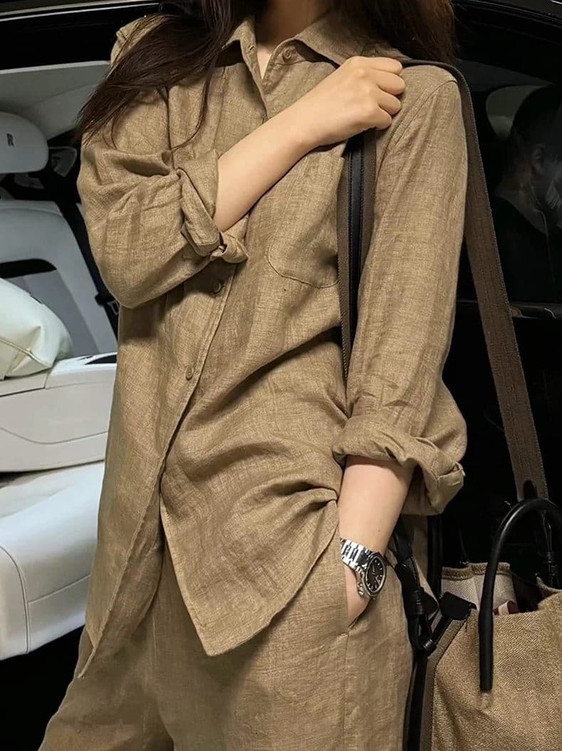 오래된 돈 바람 주간 실크 아마 자외선 차단 여성 셔츠 여름 코디 전체 집합 품격 고급 센스 와이드 레그 팬츠 투피스 세트 트렌디 상세 이미지 1