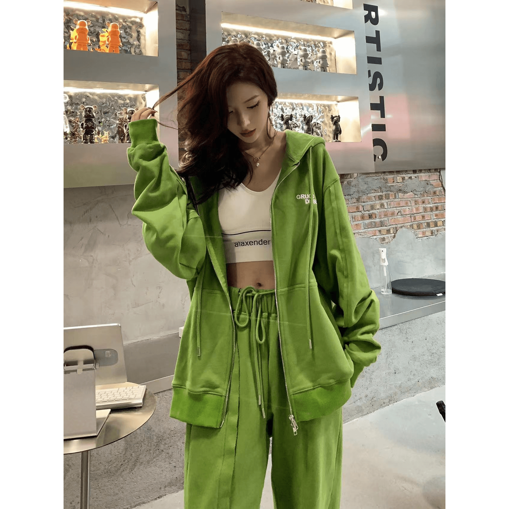 캐주얼 스포츠 슈트 여성 가을 한국 스타일 패션 버터 과일 녹색 후드티 웨이 바지 투피스 세트 이미지 5