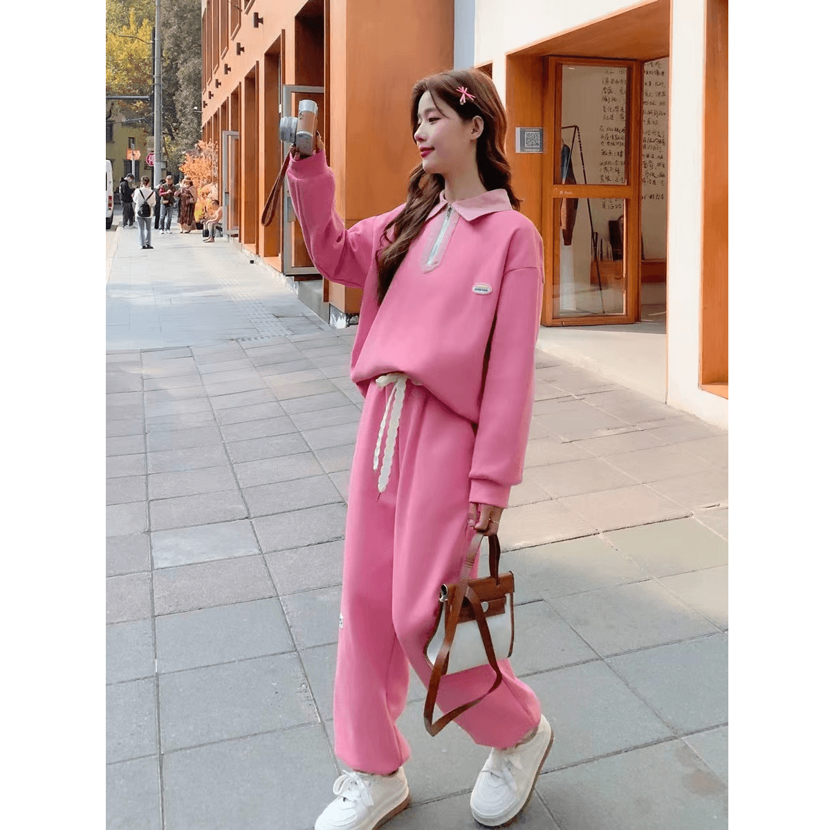 고급 센스 운동복 세트 여성 봄 가을 유럽 상품 튀김 거리 캐주얼 패션 후드티 웨이 바지 투피스 세트 외국 가스 상세 이미지 4