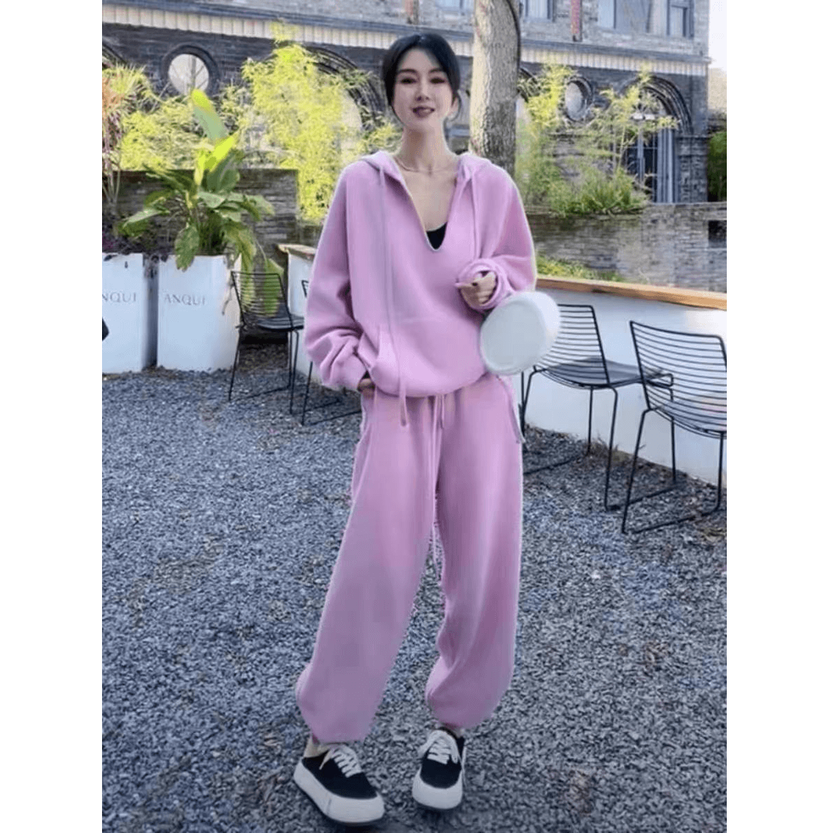 유럽 상품 튀김 거리 외국 가스 패션 캐주얼 운동복 세트 여성 가을 새로운 루즈핏 고급 센스 후드티 투피스 세트 상세 이미지 4