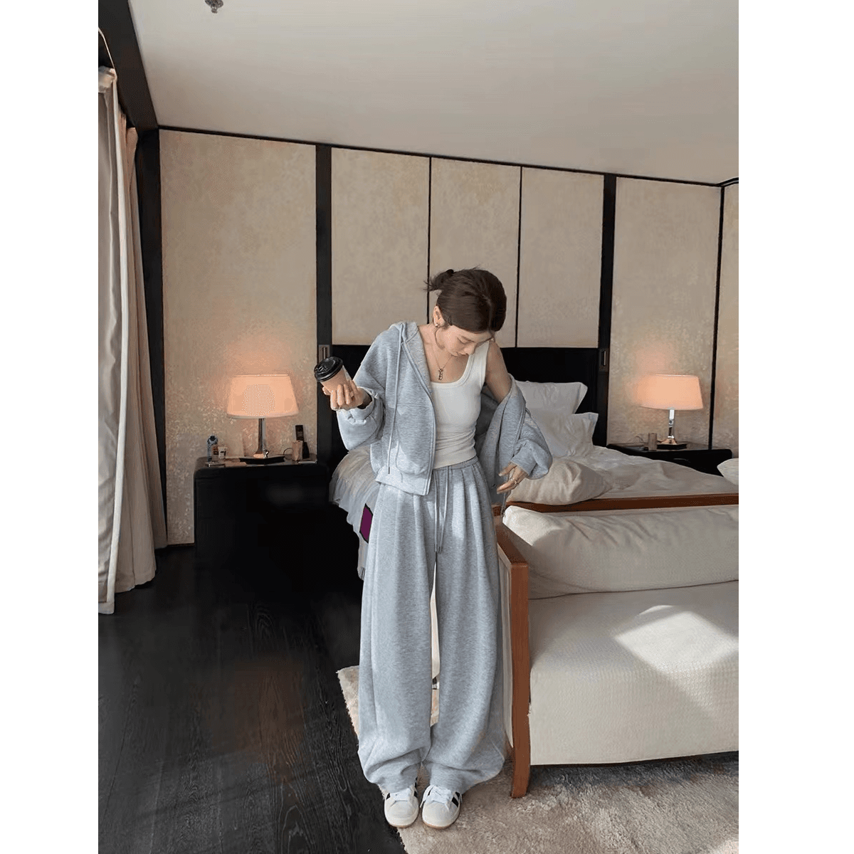 한 부서 캐주얼 스포츠 슈트 여성 루즈핏 패션 쇼트 스타일 재킷 와이드 레그 팬츠 투피스 세트 있음 털이 있는 그리고 추가되지 않음 플러시