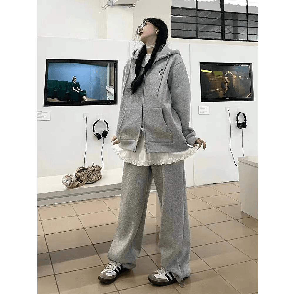 아메리칸 학원 스타일 캐주얼 세트 여성 고급 센스 루즈핏 후드티 와이드 레그 팬츠 투피스 세트 있음 털이 있는 그리고 추가되지 않음 플러시 이미지 3