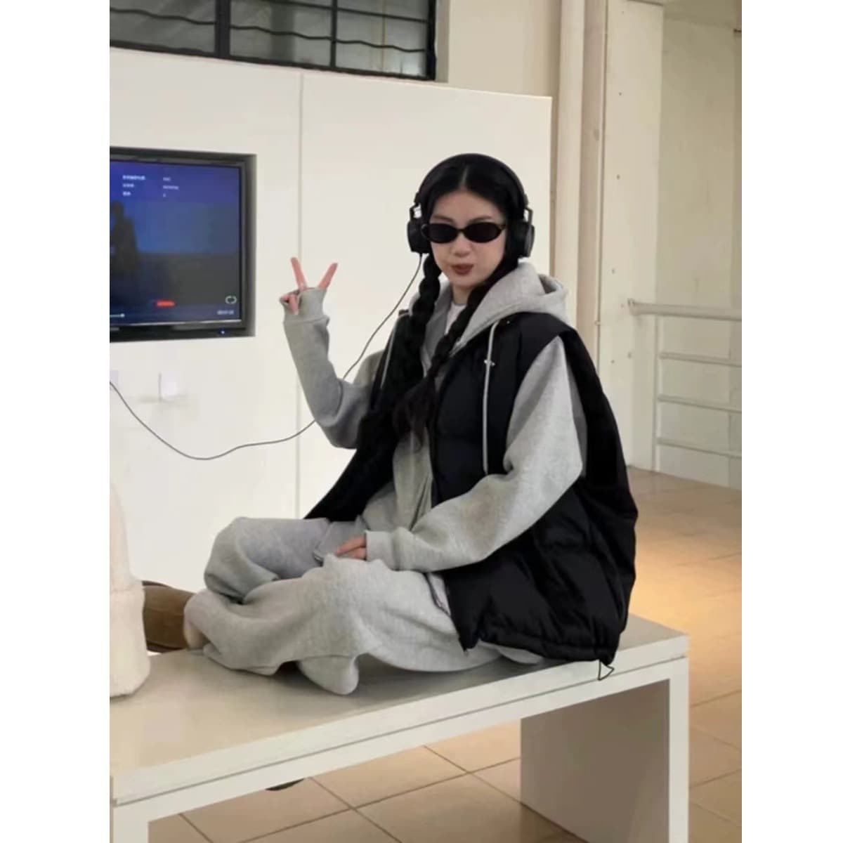 아메리칸 학원 스타일 캐주얼 세트 여성 고급 센스 루즈핏 후드티 와이드 레그 팬츠 투피스 세트 있음 털이 있는 그리고 추가되지 않음 플러시 이미지 5