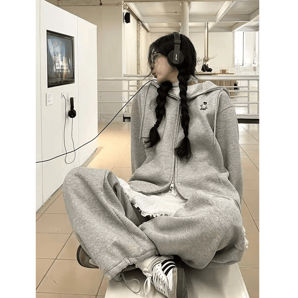 아메리칸 학원 스타일 캐주얼 세트 여성 고급 센스 루즈핏 후드티 와이드 레그 팬츠 투피스 세트 있음 털이 있는 그리고 추가되지 않음 플러시 상세 이미지 5