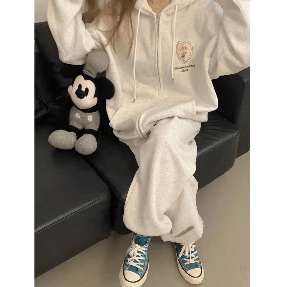 느긋한 바람 캐주얼 세트 여성 한국 스타일 oversize 패션 후드티 긴 바지 투피스 세트 있음 털이 있는 그리고 추가되지 않음 플러시 이미지 5