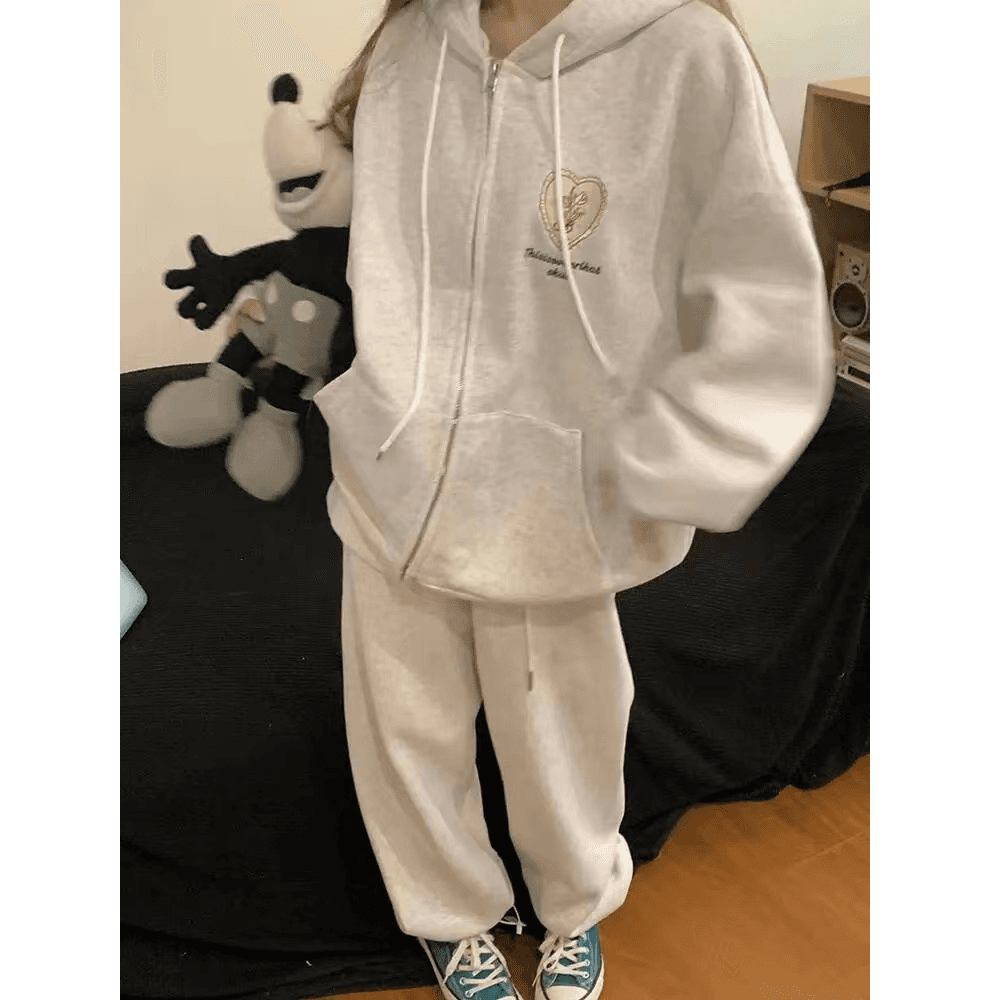 느긋한 바람 캐주얼 세트 여성 한국 스타일 oversize 패션 후드티 긴 바지 투피스 세트 있음 털이 있는 그리고 추가되지 않음 플러시 이미지 2