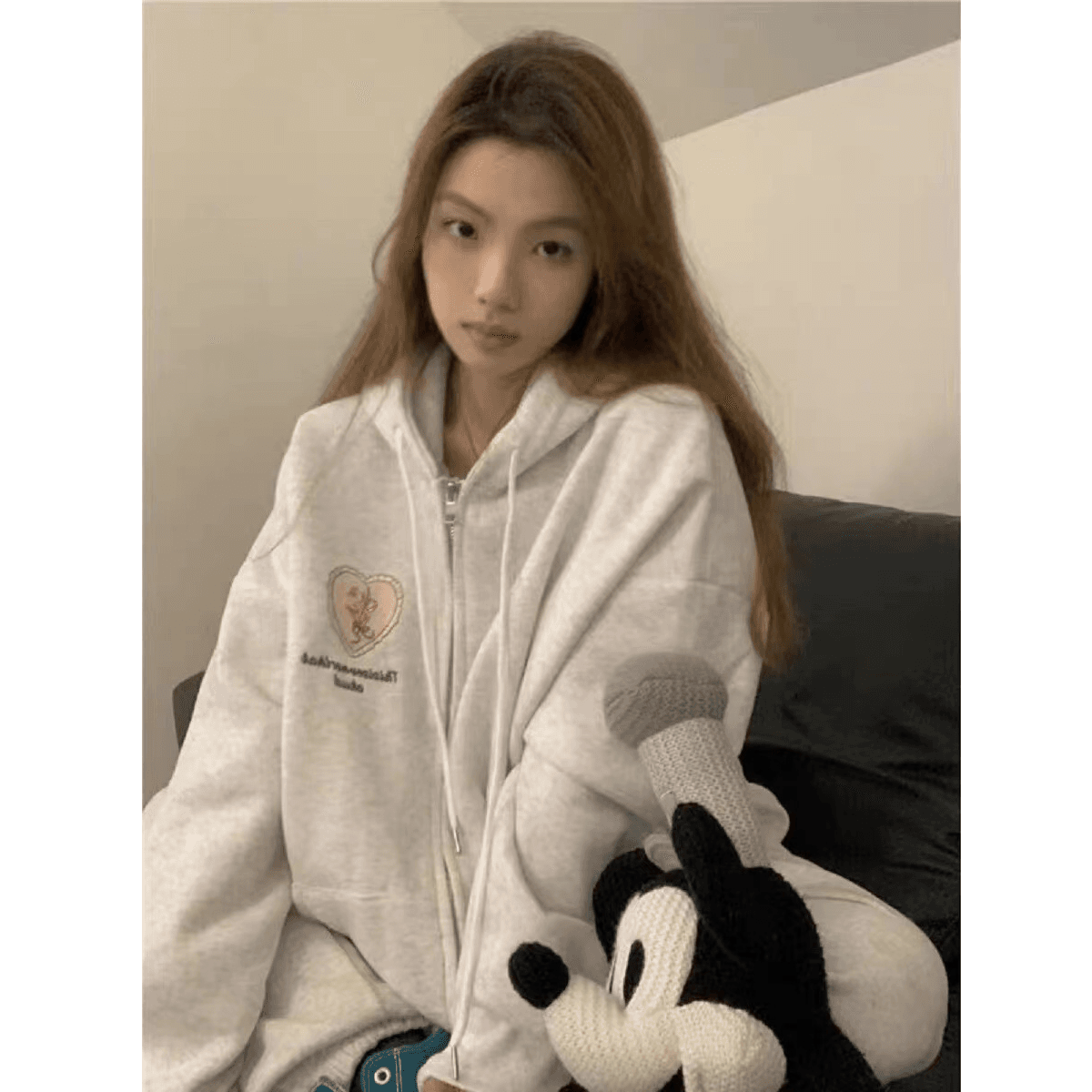 느긋한 바람 캐주얼 세트 여성 한국 스타일 oversize 패션 후드티 긴 바지 투피스 세트 있음 털이 있는 그리고 추가되지 않음 플러시 상세 이미지 1