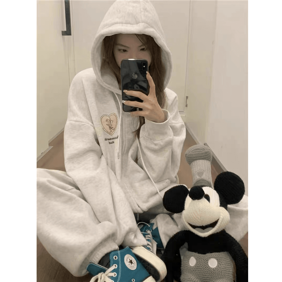 느긋한 바람 캐주얼 세트 여성 한국 스타일 oversize 패션 후드티 긴 바지 투피스 세트 있음 털이 있는 그리고 추가되지 않음 플러시 상세 이미지 2