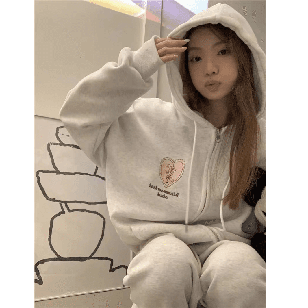 느긋한 바람 캐주얼 세트 여성 한국 스타일 oversize 패션 후드티 긴 바지 투피스 세트 있음 털이 있는 그리고 추가되지 않음 플러시 상세 이미지 3