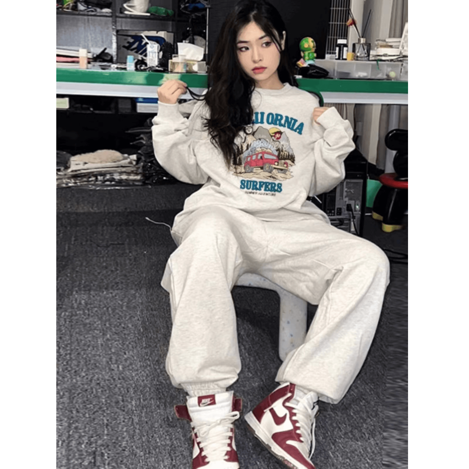 인터넷 유명인 착용 가져 가라. 패션 세트 레트로 항구 바람 chic 운동 캐주얼 후드티 투피스 세트 있음 털이 있는 그리고 추가되지 않음 플러시 이미지 4