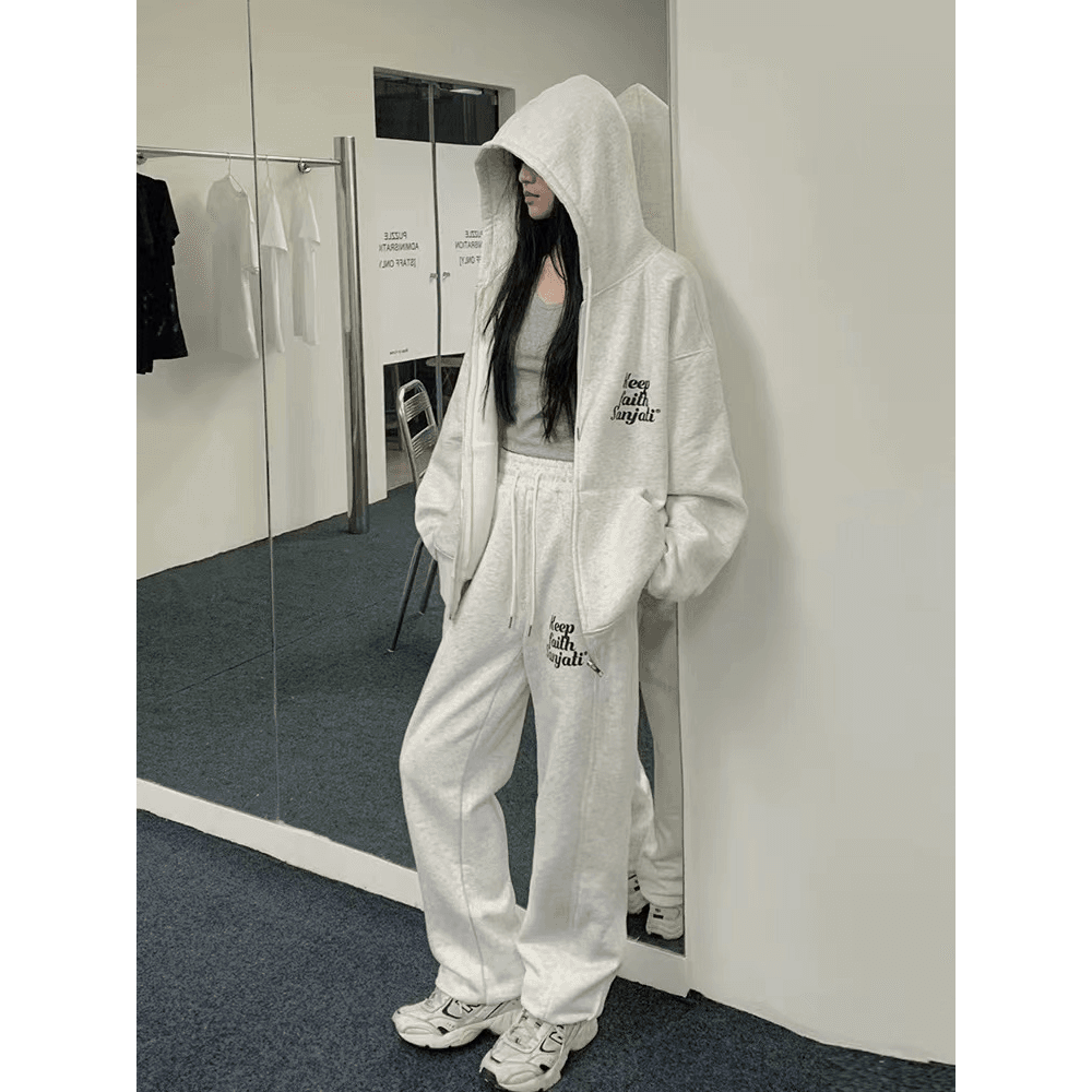 아메리칸 logo 스포츠 슈트 지퍼 재킷 웨이 바지 캐주얼 후드티 투피스 세트 트렌디 있음 털이 있는 그리고 추가되지 않음 플러시 상세 이미지 2