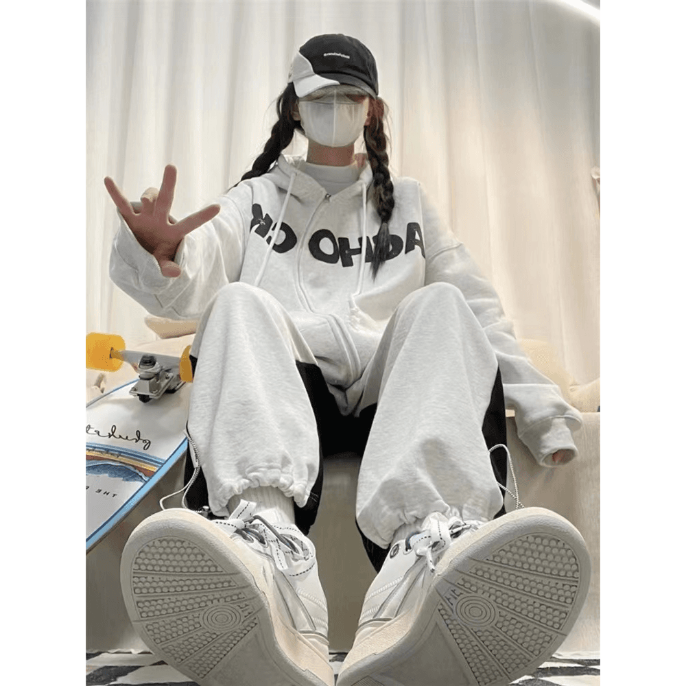 아메리칸 소년 센스 캐주얼 세트 가을 겨울철 루즈핏 느긋한 후드티 긴 바지 투피스 세트 있음 털이 있는 그리고 추가되지 않음 플러시 이미지 4