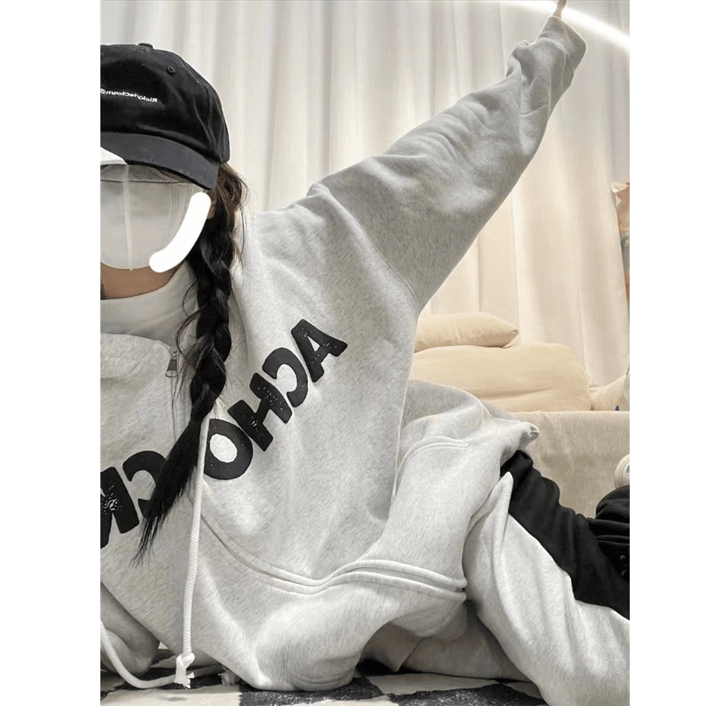 아메리칸 소년 센스 캐주얼 세트 가을 겨울철 루즈핏 느긋한 후드티 긴 바지 투피스 세트 있음 털이 있는 그리고 추가되지 않음 플러시 이미지 3