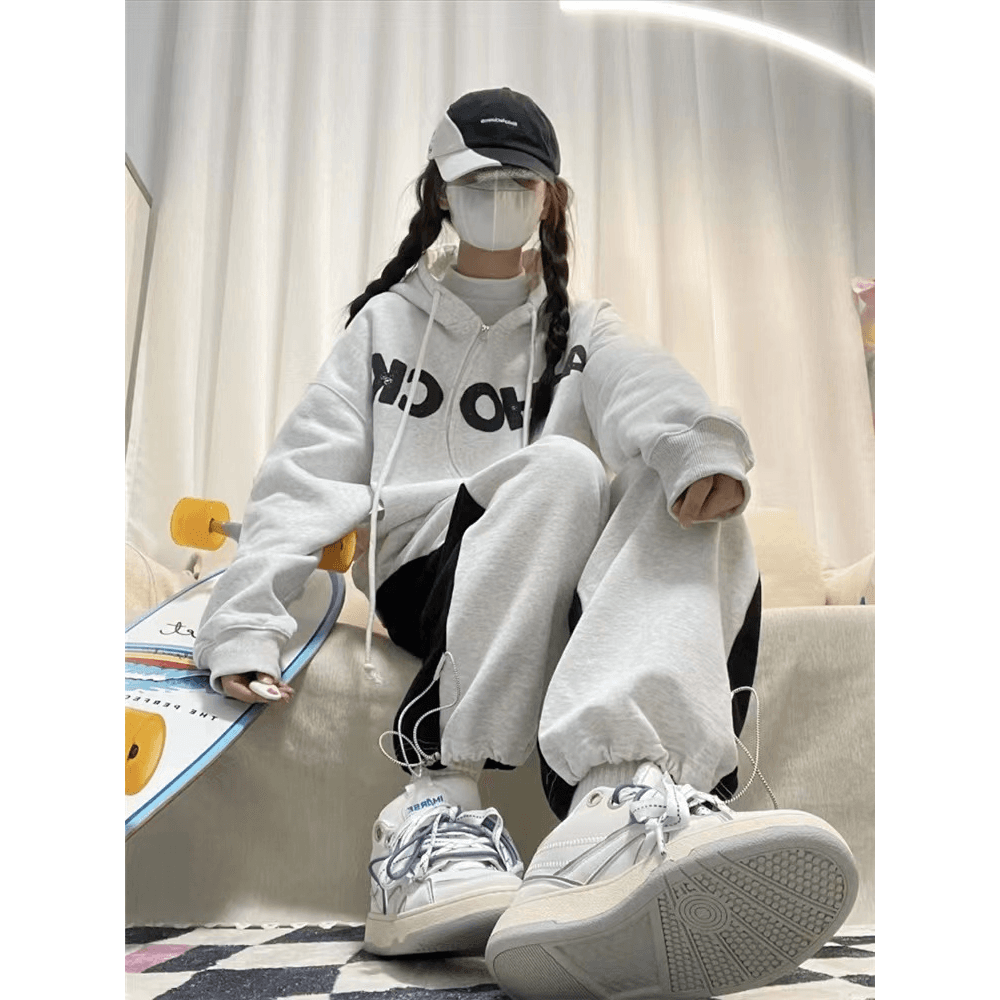 아메리칸 소년 센스 캐주얼 세트 가을 겨울철 루즈핏 느긋한 후드티 긴 바지 투피스 세트 있음 털이 있는 그리고 추가되지 않음 플러시 상세 이미지 1