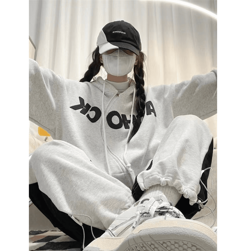 아메리칸 소년 센스 캐주얼 세트 가을 겨울철 루즈핏 느긋한 후드티 긴 바지 투피스 세트 있음 털이 있는 그리고 추가되지 않음 플러시 상세 이미지 3