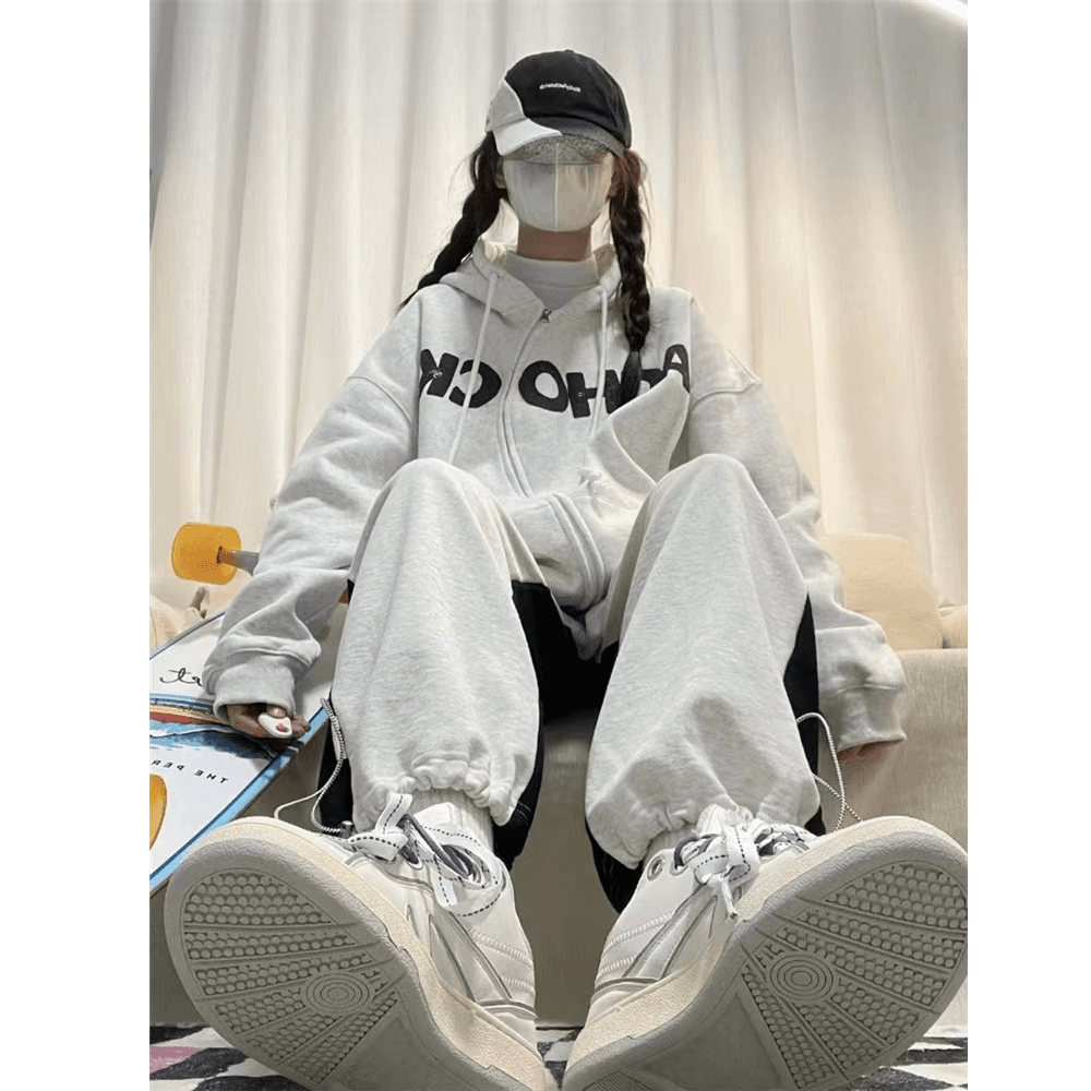 아메리칸 소년 센스 캐주얼 세트 가을 겨울철 루즈핏 느긋한 후드티 긴 바지 투피스 세트 있음 털이 있는 그리고 추가되지 않음 플러시 상세 이미지 5