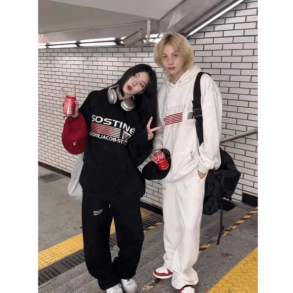 패션 운동복 세트 여성 가을 후드티 긴 바지 루즈핏 슬림해 보이는 투피스 세트 있음 털이 있는 그리고 추가되지 않음 플러시 이미지 3