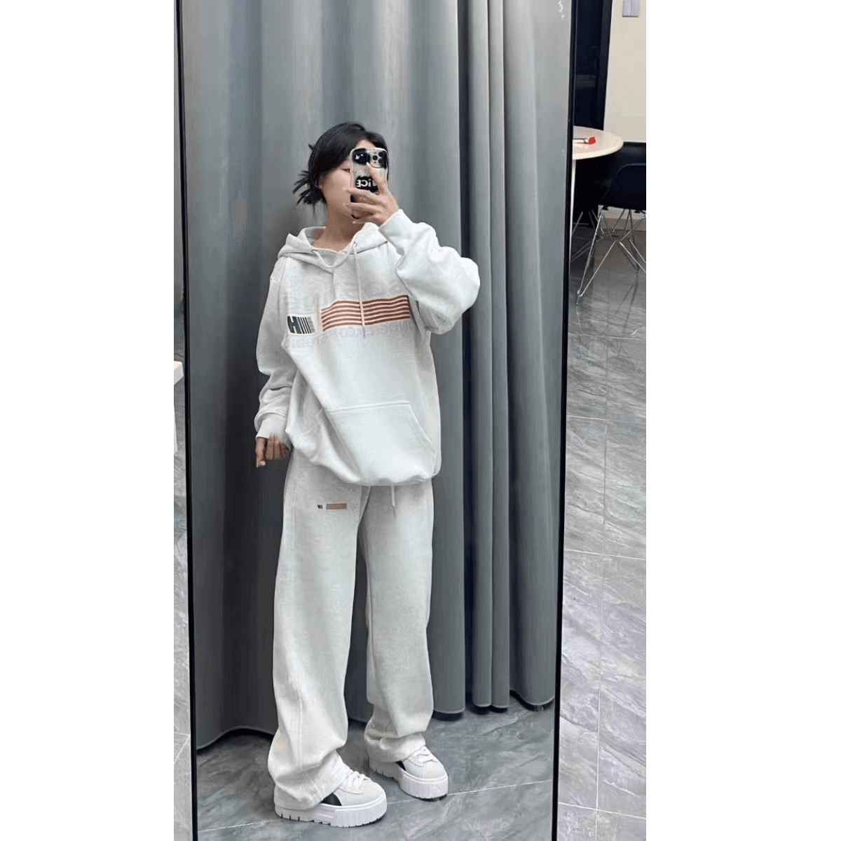 패션 운동복 세트 여성 가을 후드티 긴 바지 루즈핏 슬림해 보이는 투피스 세트 있음 털이 있는 그리고 추가되지 않음 플러시 상세 이미지 3