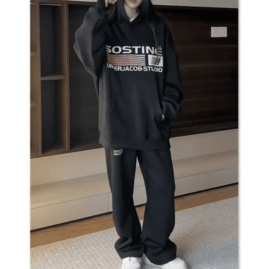 패션 운동복 세트 여성 가을 후드티 긴 바지 루즈핏 슬림해 보이는 투피스 세트 있음 털이 있는 그리고 추가되지 않음 플러시 상세 이미지 4