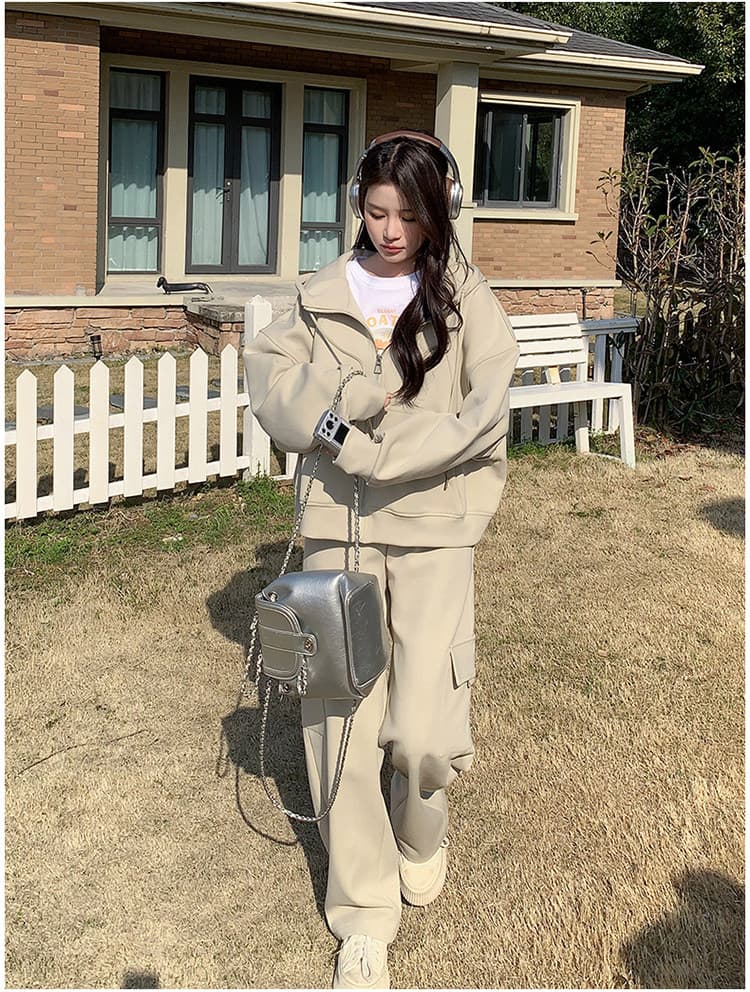 2026 고급 센스 여가 스포츠 슈트 가을 겨울철 재킷 와이드 레그 팬츠 투피스 세트 있음 털이 있는 그리고 추가되지 않음 플러시 상세 이미지 25