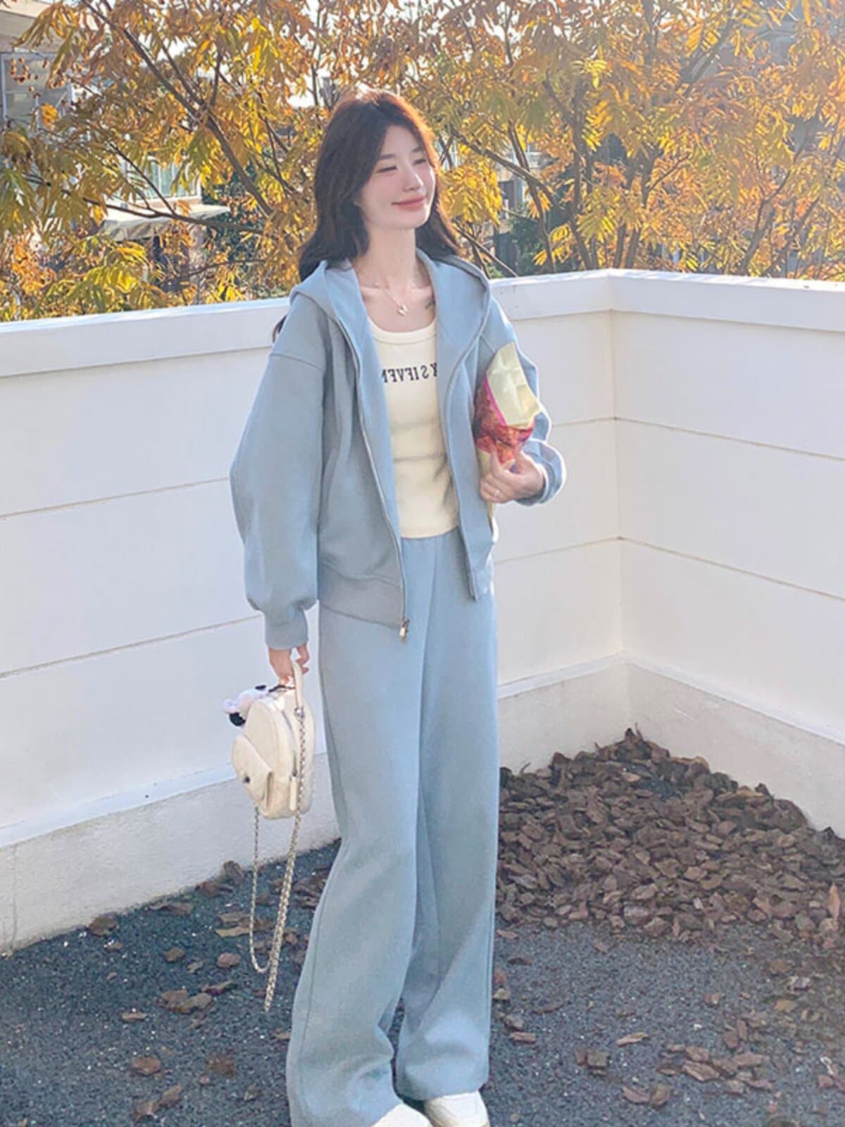 한 부서 chic 세트 여성 2026 새로운 후드 재킷 와이드 레그 팬츠 투피스 세트 있음 털이 있는 그리고 추가되지 않음 플러시 이미지 3