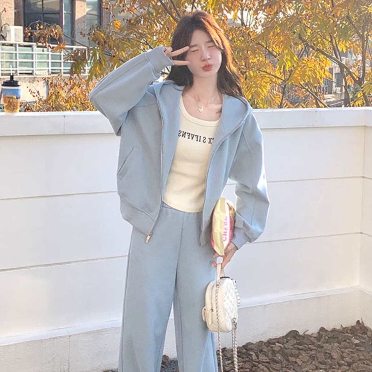 한 부서 chic 세트 여성 2026 새로운 후드 재킷 와이드 레그 팬츠 투피스 세트 있음 털이 있는 그리고 추가되지 않음 플러시 이미지 6
