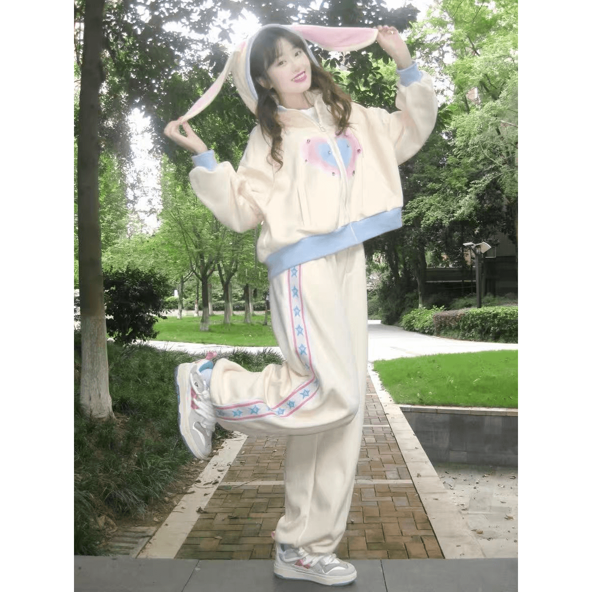 후드티 스포츠 슈트 가을 루즈핏 소금 부서 달콤함 토끼 귀 후드 투피스 세트 있음 털이 있는 그리고 추가되지 않음 플러시