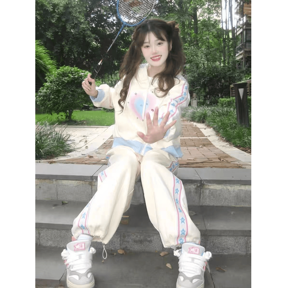 후드티 스포츠 슈트 가을 루즈핏 소금 부서 달콤함 토끼 귀 후드 투피스 세트 있음 털이 있는 그리고 추가되지 않음 플러시 이미지 5