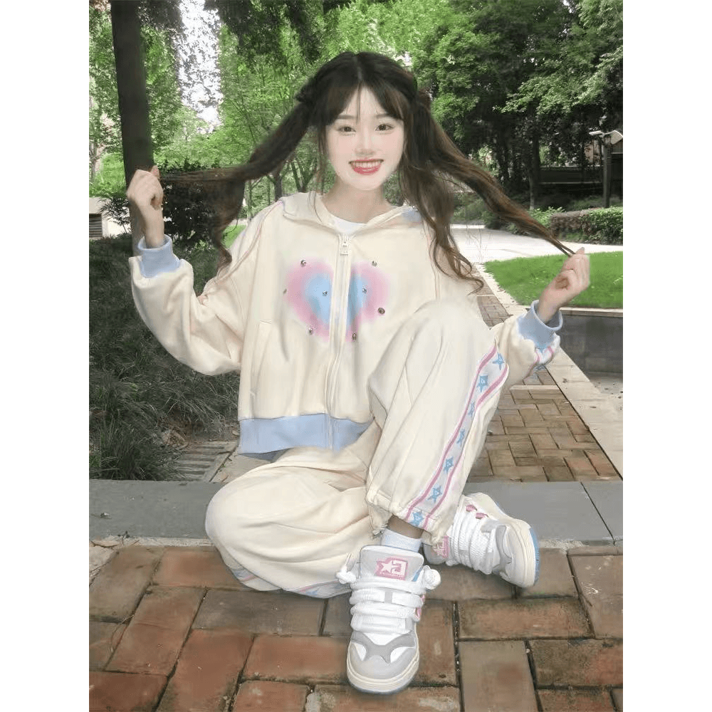 후드티 스포츠 슈트 가을 루즈핏 소금 부서 달콤함 토끼 귀 후드 투피스 세트 있음 털이 있는 그리고 추가되지 않음 플러시 상세 이미지 2