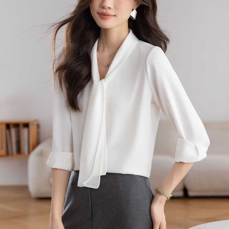 실사 아세트산 새틴 화이트 여성 셔츠 2026 가을 새로운 디자인 센스 리본 맨위 긴팔 Chic 셔츠 이미지 5