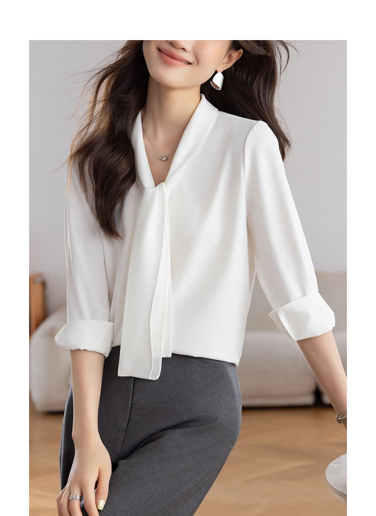 실사 아세트산 새틴 화이트 여성 셔츠 2026 가을 새로운 디자인 센스 리본 맨위 긴팔 Chic 셔츠 상세 이미지 10