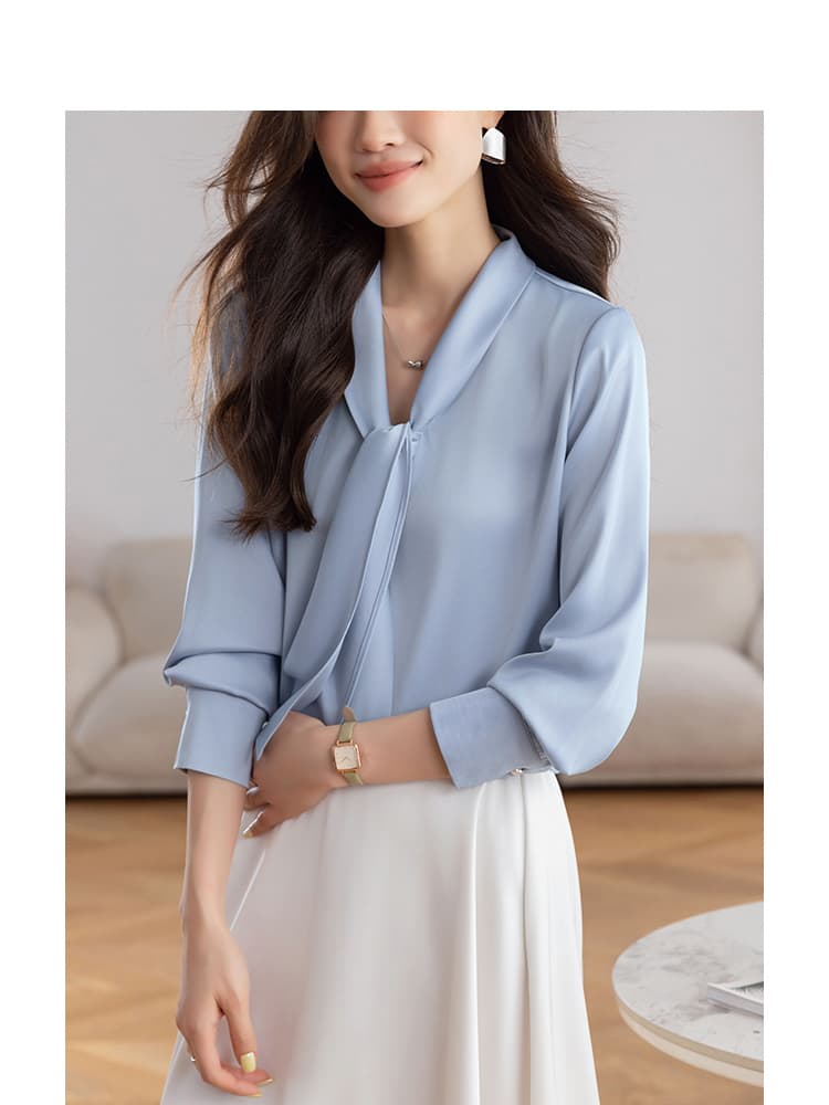 실사 아세트산 새틴 화이트 여성 셔츠 2026 가을 새로운 디자인 센스 리본 맨위 긴팔 Chic 셔츠 상세 이미지 13