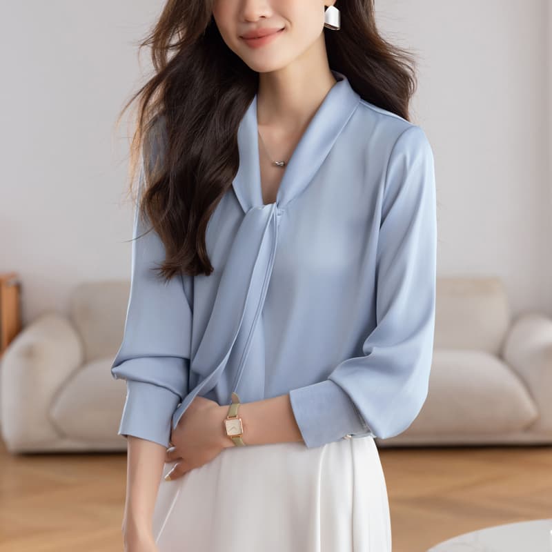 실사 프랑스식 V넥 여성 셔츠 2026 봄 새로운 디자인 센스 리본 맨위 긴팔 Chic 셔츠 이미지 2