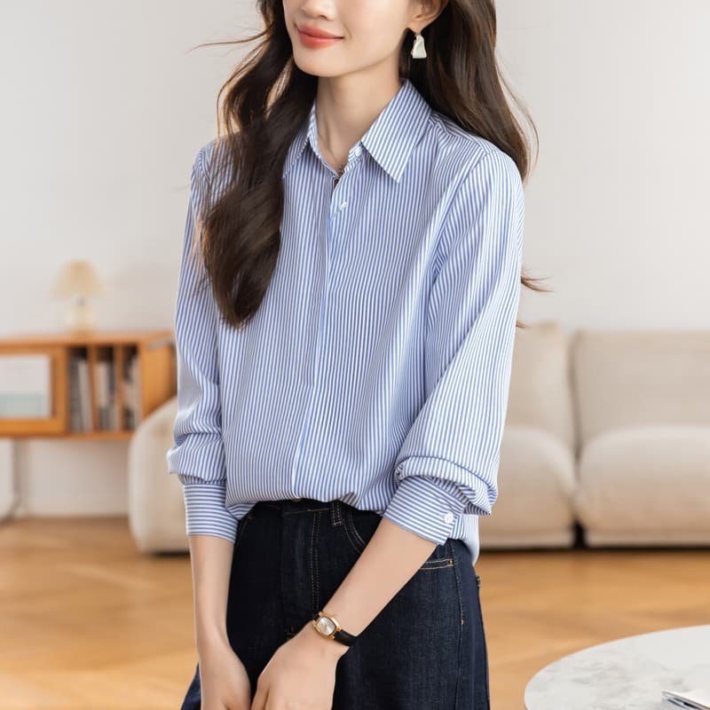 실사 미니멀리즘 스트라이프 셔츠 여성 긴 소매 2026 봄 가을 새로운 이미지 2