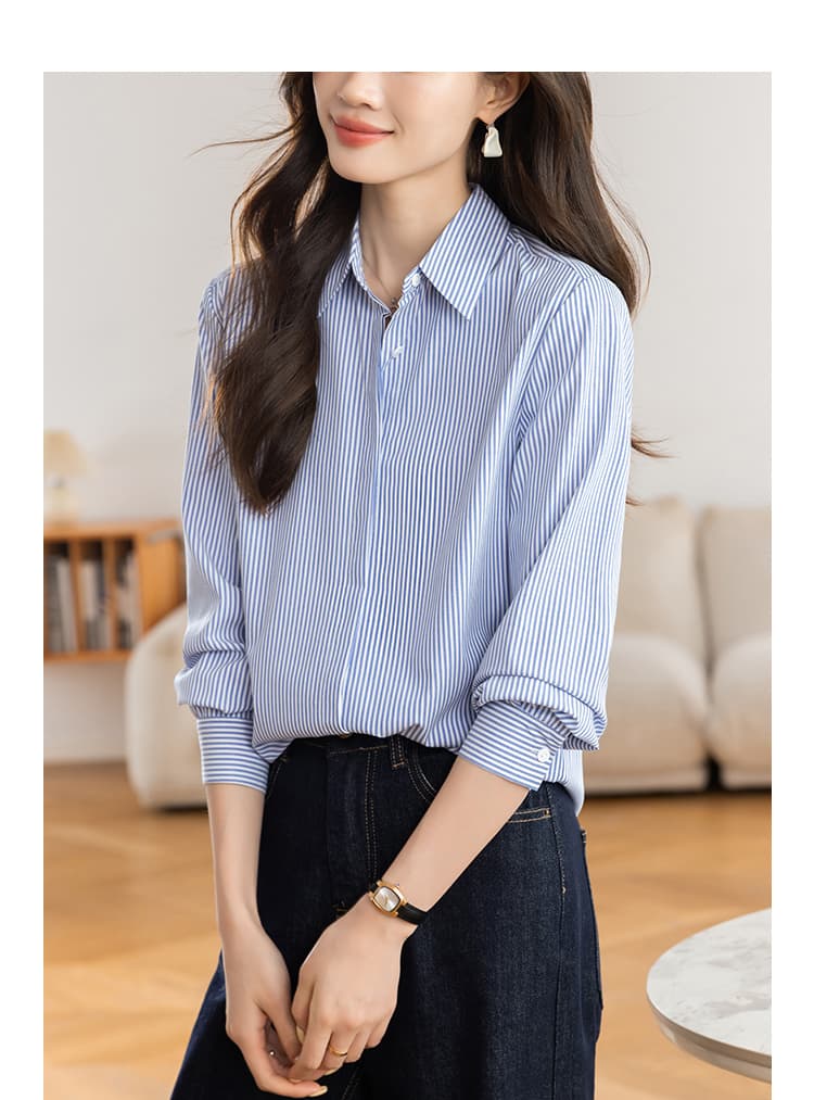 실사 칙칙한 흰색 스트라이프 셔츠 여성 긴 소매 2026 가을 새로운 상세 이미지 8
